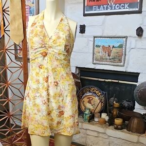 New W Tag ASTR THE LABEL Yellow Rust Floral Backless Halter Mini Dress Size S